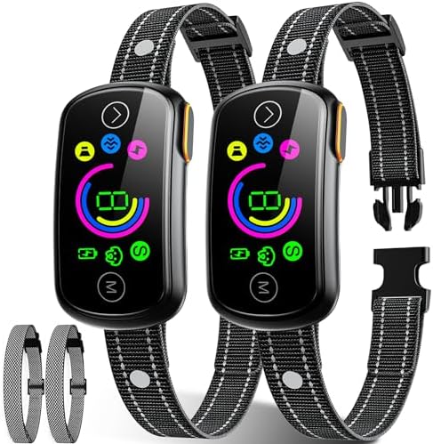 Dog Bark Collar, 2 Pack Customizable Bark Collar for Large Medium Dogs, Smart Stop Barking Training Collar with Adjustable Beep Vibratioin Shock and Sensitivity with Replacement Strap