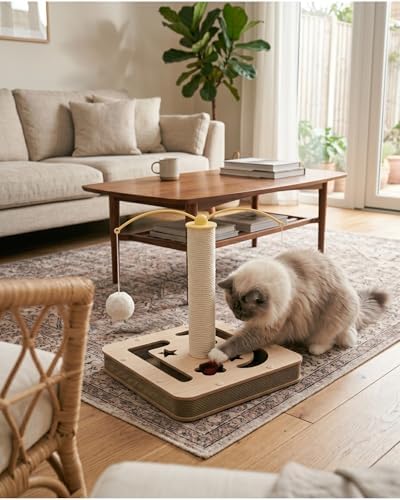 3-in-1 Interactive Cat Toy & Scratching Post - Durable Sisal Cat Scratcher with Corrugated Cardboard Base, Track Balls & Teaser Wands - Indoor Kitten Exercise Toys for Furniture Protection