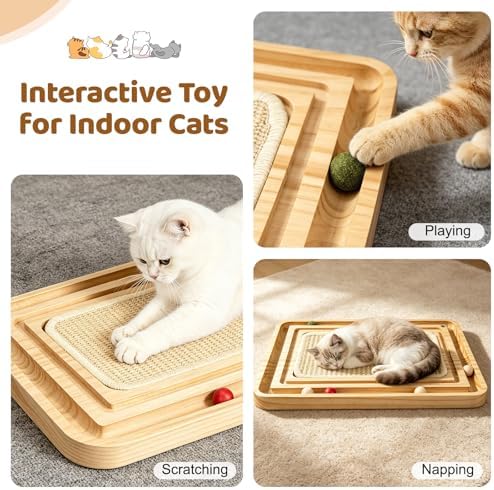 Sisal Cat Scratcher Pad with Ball Track, Wooden Interactive Cat Puzzle Toy