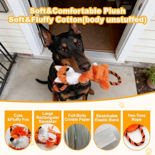 15.55 Inch Fox Squeaky Dog Toy with Crinkle Paper & Rope, Plush Chew Toy for Puppy Teething, Interactive Tug of War Toy for Small Medium Large Dogs