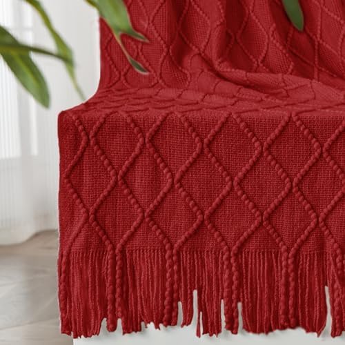 inhand Pomegranate Red Knitted Throw Blanket for Couch and Bed, 50"x60" | Gifts for Mom from Daughter Son, Soft Lightweight with Tassel, Farmhouse Warm Decorative Blanket for Women, Cozy Knit
