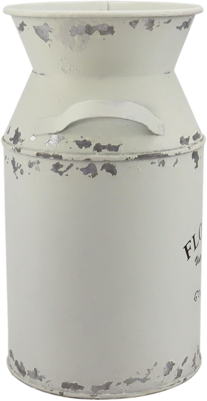 Galvanized White Milk Can Antique Retro Vase Metal Planter Rustic Vintage Primitive Flower Holder Farmhouse Country Plant for Home Office Decor, 7.5”