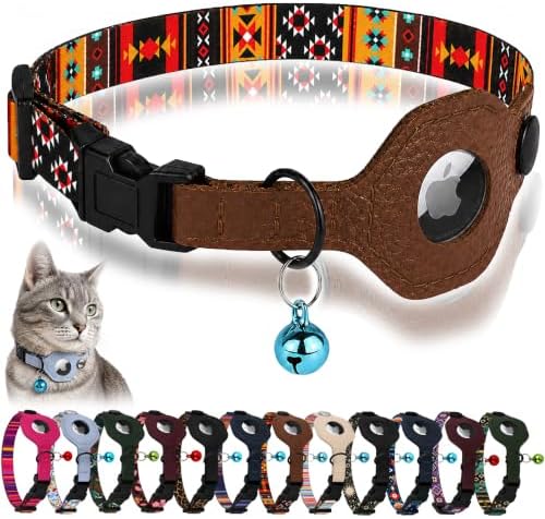 Breakaway Cat Collar with Leather AirTag Holder & Bell - Apple Air Tag Cat Collars for Girls & Boys, Lightweight Anti-Lost GPS Tracker Design, Printed Pattern - Safety and Adjustable (Western)