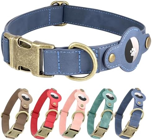 Airtag Dog Collar,PU Leather Collar with Airtag Holder for Large Dogs(Blue)