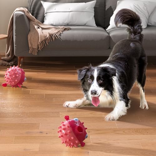 Dog Balls with Bell Sound, Interactive Dog Toys,Treat Dispensing Dog Toys, cat Toys Balls，Rubber Elastic Ball Toys for Small Medium Large Cat and Small Dogs (Red)