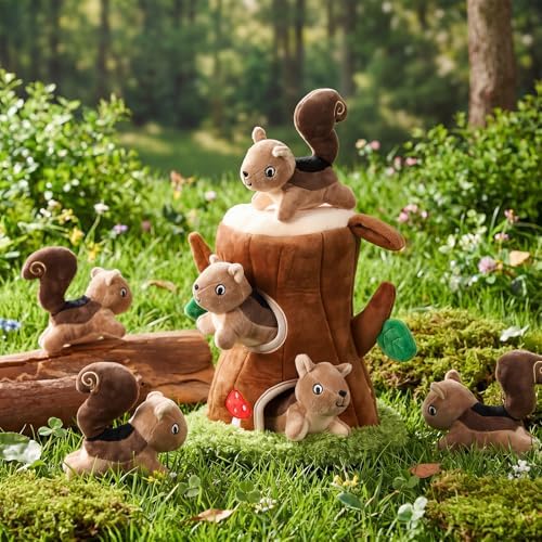 Skylety 7 Pieces Hide and Seek Dog Toys Activity Puppy Chew Squeaky Toys Plush Stuffing Woodland Stuffing with Squeakers for Small Medium Pets Dogs Puppy Gift (Squirrel,Small)