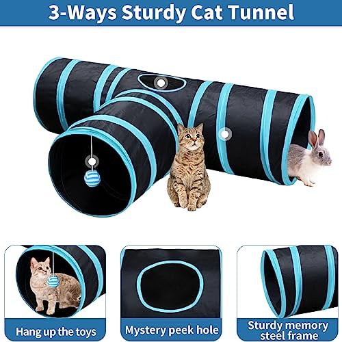 Malier Collapsible Cat Tunnels & Toys Set, Interactive Kitty Toys - Kitten & Cat - Feathers, Mouse, Crinkle Balls, 3-Way Tube Tunnel for Indoor Play