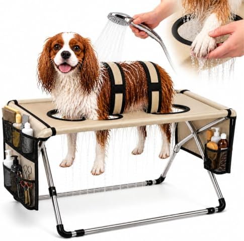 Dog Grooming Hammock Stand, Foldable Pet Bathing Stand, Coffee