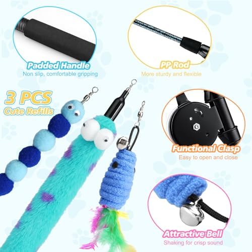 Pawaboo Cat Teaser Wand Toys, Cat Fishing Pole Toy with 3 PCS Feathers