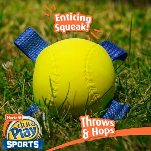 Hartz Dura Play Sports Baseball Dog Toy, Bacon Scented Squeaky Latex Yellow & Blue Toy, 1 Count