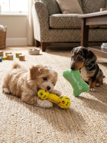 2 Pack Squeaky Dog Toy Set, Durable Latex Dumbbell with Fun Paw Prints and Soft Plush Bone Cushion Toy, Interactive Chew and Cuddle Bundle for Small to Medium Dogs, Puppies