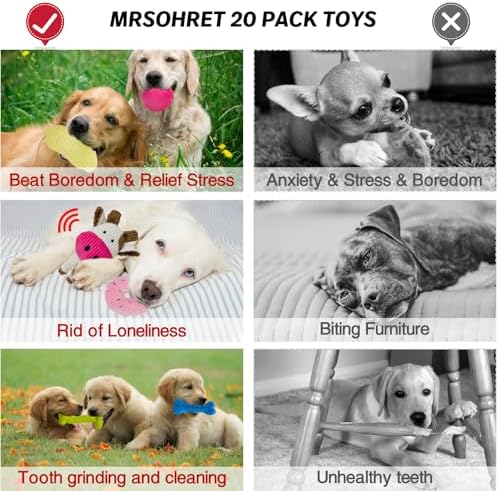 MRSOHRET 20Pcs Puppy Chew Toys for Teething, Dog Chew Toys with Rope Toy, Pet Dog Toothbrush, Treat Balls, Plush Toys and Squeaky Toys for Small Medium Dogs with Basket to Keep Them Busy