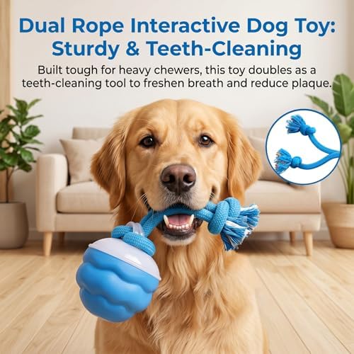 Interactive Dog Toys, Automatic Rolling Ball with Rope, Blue