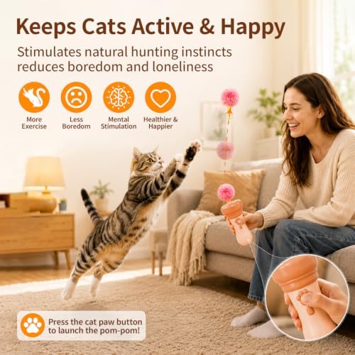 Kzoom Automatic Cat Teaser Launcher, Cat Balls Fetch Toy with Retractable Rope and Fuzzy Ball, Interactive Cat Toys for Indoor Cats, Enrichment Toy(Without Battery)