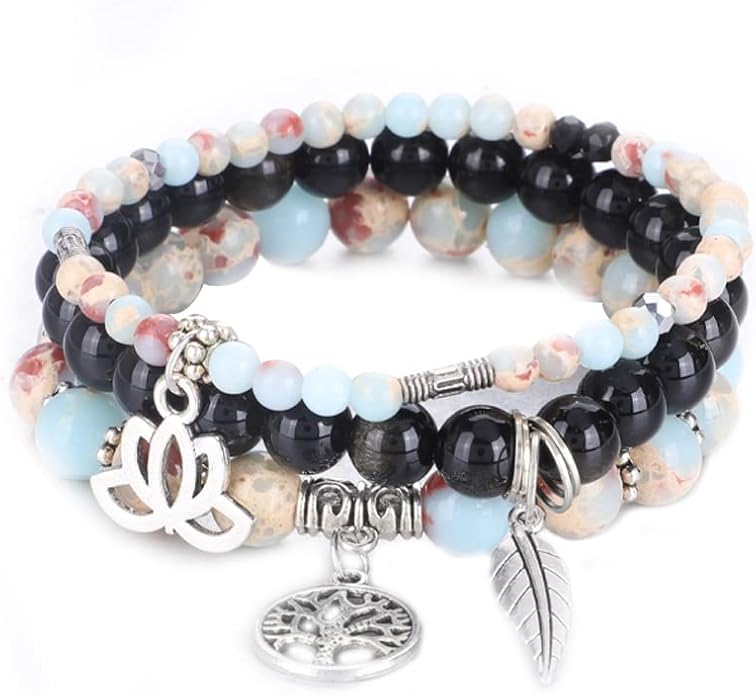 UEUC Tree of Life Yoga Healing Stone Bracelets,Multilayer Lotus Chakra Stone Reiki Bracelet Sets,Anxiety Crystal Natural Stone,for Women Stress Relief
