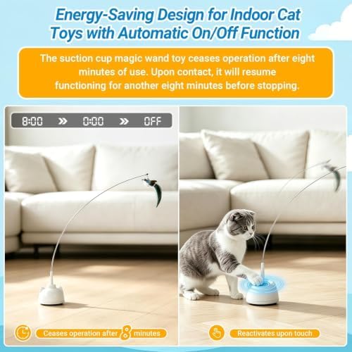 Interactive Cat Toys for Indoor Cats, Automatic 360° Spinning Cat Wand Toy, Strong Suction Cup Base, USB Rechargeable, Detachable Wand, 2 Feather Refills, 2 Speeds, 3 Modes for Cats of All Ages