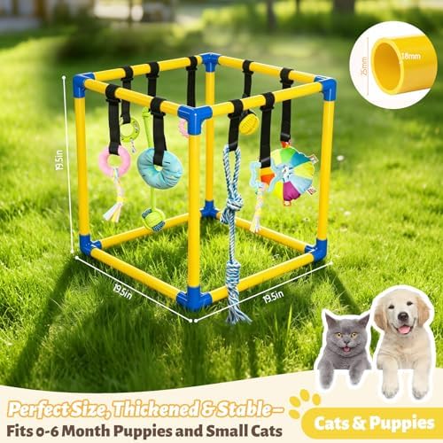 Puppy Play Gym with 9 Hanging Toys for Small Dogs, PVC Frame with Bungee Straps, Interactive Indoor Jungle Playground for Entertainment, Teething and Mental Stimulation（Yellow）