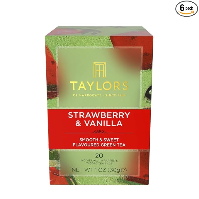 Taylors of Harrogate Strawberry & Vanilla, Green Tea, Individually Wrapped Bags, 20 Count (Pack of 6), Smooth, Juicy and Sweet, Caffeinated, Enjoy Hot or Iced, 120 Teabags Total