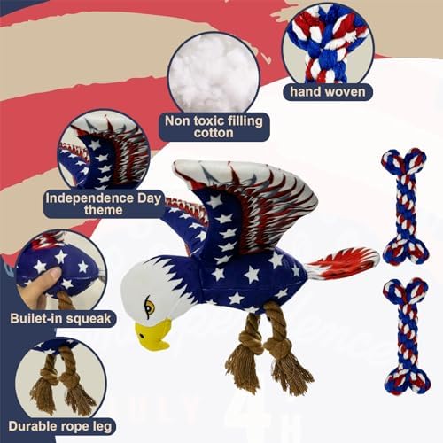 3 pcs Independence Day Pet Squeaky Toys, Dog Squeaky Toys 4th of July Puppy Toy Independence Day Pet Plush Bald Eagle Toy with Crumpled Paper Squeaky Dog Interactive Toy