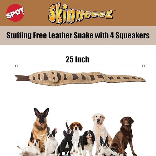 SPOT Skinneeez Leather Snake – 25in Stuffing-Free Dog Toy with Real Leather & 4 Squeakers, Durable Tug Toy for Light to Moderate Chewers, Great for Medium & Large Dogs