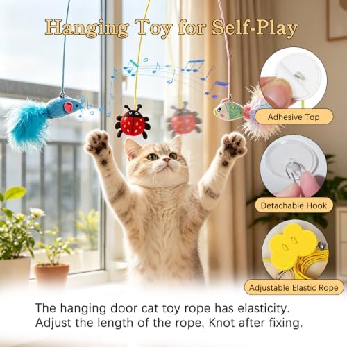Door Hanging Cat Toy Set, Interactive Self-Play Cat Teaser with Retractable Elastic String, Hanging Door Cat Toys for Indoor Cats Kitten, Boredom Relief (6 Pack)