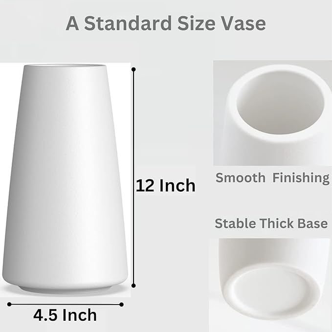 DECORPIA 12 Inch Tall Premium Quality Ceramic Vase | Flower Vase for Home Decor | Farmhouse Decor, Desk Decor, Modern Decor, Aesthetic Room Decor, White Vase for Bohemian Decor, Pampas Vase, White