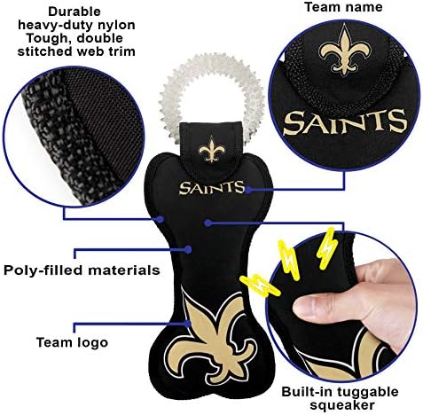 Pets First NFL New Orleans Saints Dental Dog TUG Toy with Squeaker. Tough PET Toy for Healthy Fun, Teething & Cleaning Pet's Teeth & Gum.