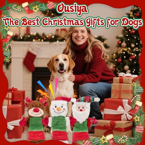 Christmas Squeaky Dog Toys with Crinkle Paper,No Stuffing Dog Toy for Large Dogs,Christmas Puppy Teething Toys to Keep Them Busy, Plush Interactive Long Lasting Chews for Aggressive Chewers
