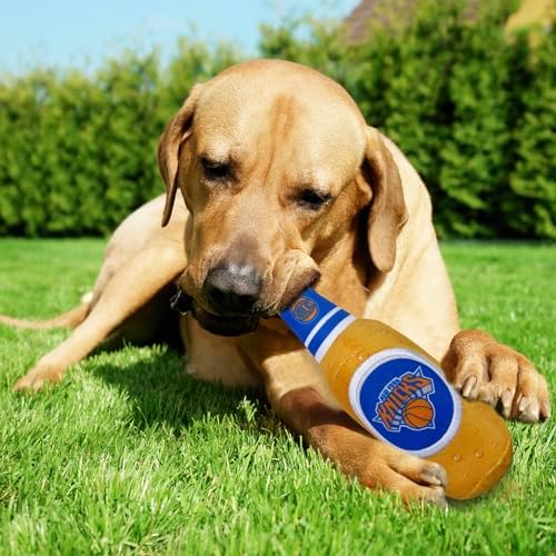 Pets First NBA New York Knicks Beer Bottle Plush Dog & CAT Squeak Toy - Cutest Stadium SODA Bottle Snack Plush Toy for Dogs & Cats with Inner Squeaker & Beautiful Basketball Team Name/Logo