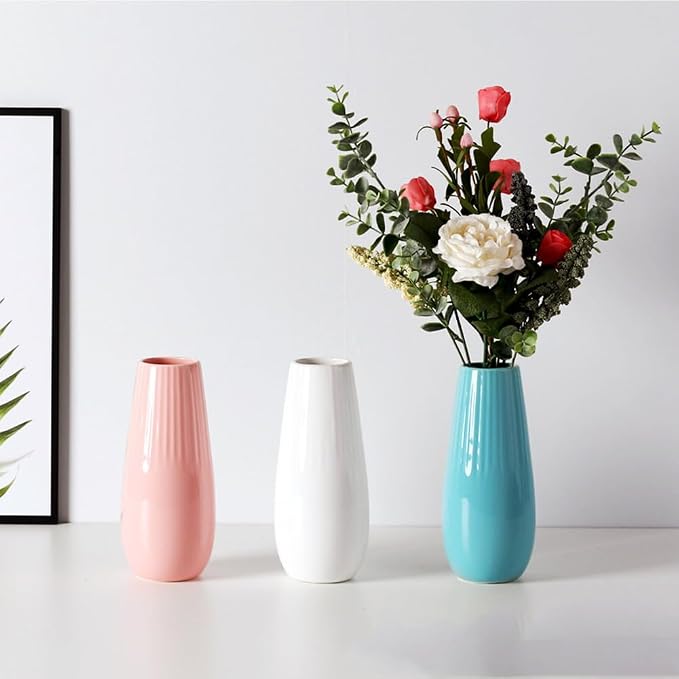 Pink Ceramic Vase, 7.5 Inch Flower Vase with Vertical Stripes for Pampas Calla Lily Tulip, Minimalism Modern Style for Housewarming, Weddings, Birthday, Christmas, Thanksgiving, New Year