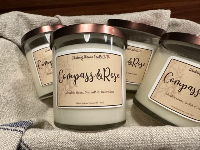 Wandering Woman Candle Company 8 oz Soy Wax Candle (Compass & Rose: Sea Salt & Desert Rose)