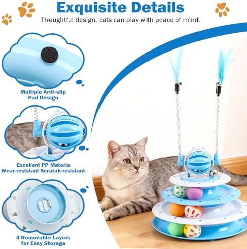 Cat Turntable Toy Ball - Interactive Kitten Toys & Toys for Indoor Cats with 6 Colorful Balls & 2 Cat Teaser Wands, Fun Mental & Physical Exercise Puzzle Plaything for Kitty Kitten to Play (Blue)