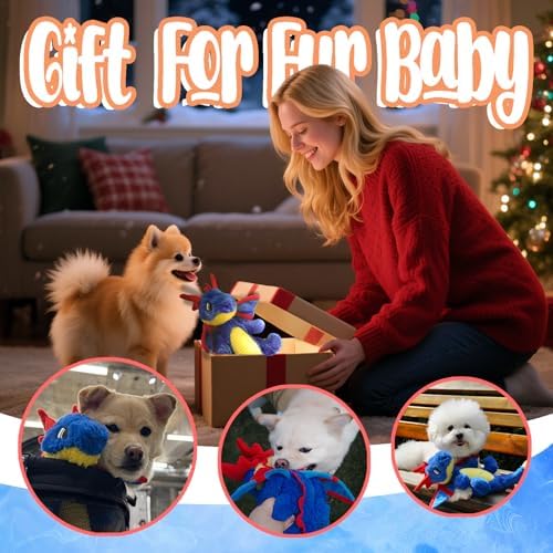Original Blue Dinosaur Dog Toy - Soft Dog Toys Plush for Small Medium Large Dogs（13.78''） - Cute Dog Squeak Toys with 5 Crinckle Papers & 2 Squeakers