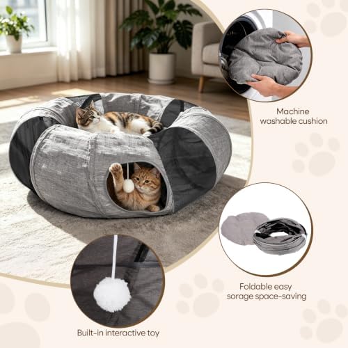 Ownpets 2 in 1 Collapsible Cat Tunnel for Indoor Cats with Cushion Bed