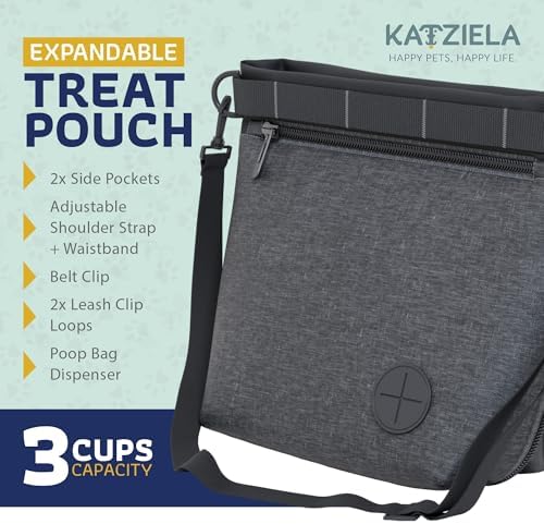 Katziela Expandable Pet Treat Pouch - Hands Free Dog Treat Pouch, Quick Access Magnet Closure - Anti Spill Dog Treat Bag - Treat Pouches for Pet Training, Adjustable Shoulder Strap & Belt Clip (Black)