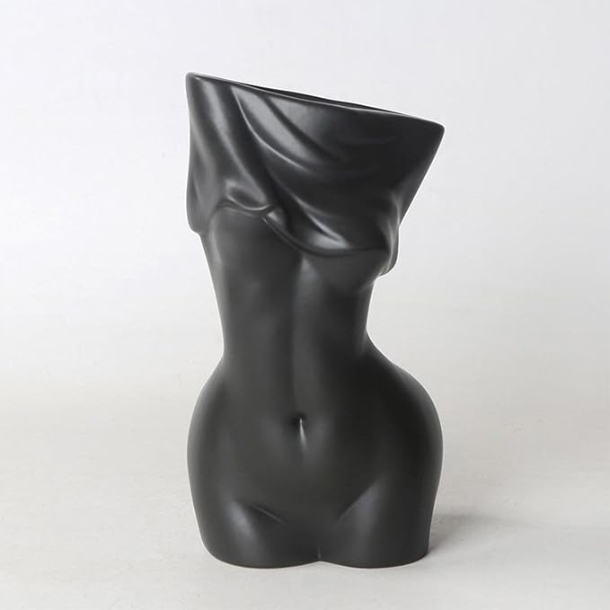 Black Female Body Vase - Unique Undressing Ceramic Flower Planter, Modern Curved Art Sculpture for Home Decor, Table, Shelf & Desk 7.68inches (Black)