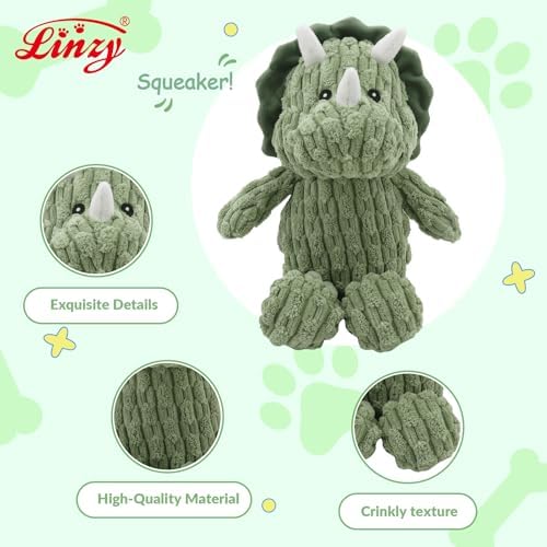 Linzy Plush Dinosaur Dog Toy, Soft Squeaky Chew Toy for Small Medium Large Dogs, Green, Interactive Pet Toy, 12 Inch