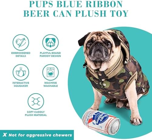 Haute Diggity Dog Pups Blue Ribbon Beer Can Plush Dog Toy, Drink Parody Toy
