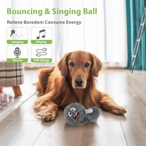 PETGEEK Interactive Dog Toys Ball - Upgraded Automatic Squeaky Vibrating Dog Ball, 900mAh Rechargeable Bouncing Ball with Washable Plush Cover, Crinkle Dog Toy with Recording Music(6 Inches, Gray)