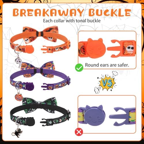 KOOLTAIL Halloween Cat Collar Breakaway with Bowtie and Bells, 3 Pack Cute Kitten Collars, Adjustable Safety Buckle Pumpkin Ghost Charm Pendant Pet Collars for Kitty Boys Girls Cats Holiday Orange