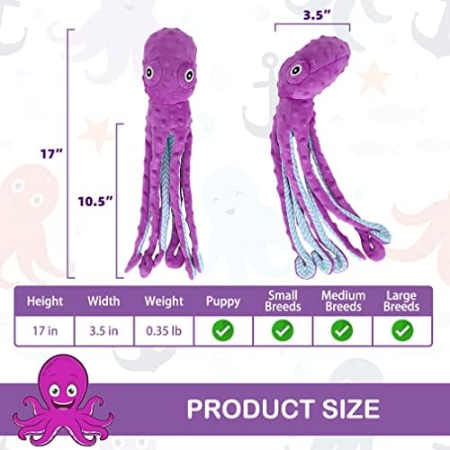 EXPAWLORER Large Squeaky Dog Toys - Stuffed Plush Long Dog Chew Toy, 2-in-1 Interactive Dog Toys with Built-in Squeak Ball and Crinkle Paper, Training Reward Birthday Gift Soft Octopus, Purple