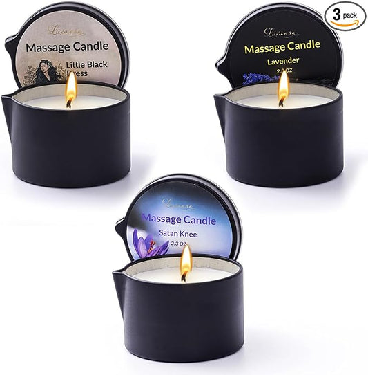 Massage Oil Candle 3 Pack, Warming Skin Moisturizing Body Lotion Oil for Skin Care, Soy Wax Low Temp Candle for Home SPA, Amazing Gift Set,6.9 OZ (Lavender,Little Black Dress,Satan Knee)