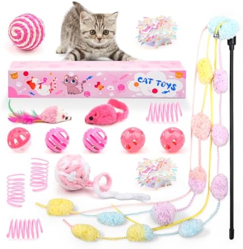 QUOZUO 16Pcs Cat Toy Set Pink Kitten Toys Pack Including Feather Teaser Interactive Wand Cat Springs Mice Crinkle Balls and Pet Bell Balls Toys for Bored Indoor Cats, Gift Box Styles (Pink)