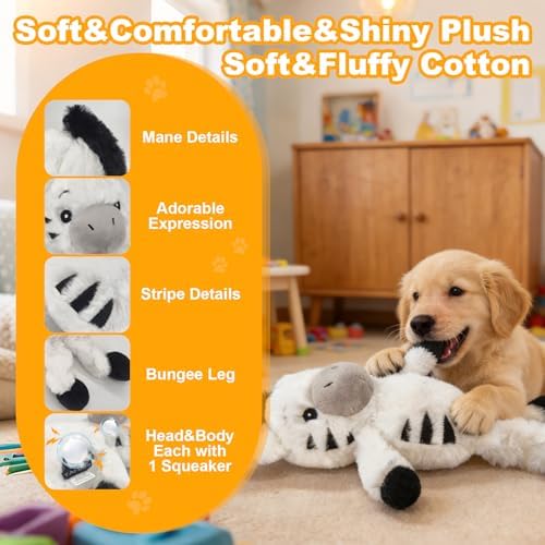 13.78 Inch Black White Zebra Squeaky Dog Toy, Plush Chew Toy with Bungee Legs for Puppy Teething, Indoor Outdoor Interactive Toy for All Dog Sizes