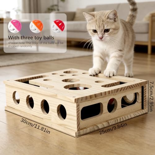 Cat Scratch Puzzle Enrichment Box, Wooden Cat Nail File Box Stress Free Alternative to Grinders, Maze Toy Box for Indoor Cats Scratching, with Sandpaper & 3 Bell Balls