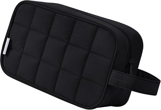 Narwey Quilted Makeup Bag Puffy Make up Bag Cosmetic Bag Organizer, Puffer Travel Toiletry Bag for Traveling Women Girl, Travel Bag for Toiletries, Skincare Medicine Bags (Black)
