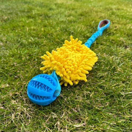 Gus & Goose Dog Tug Toy with Bungee, Comfort Handle, Plush Chew Section, Durable Rubber Ball, for Outdoor and Indoor Play, Blue and Yellow, for Medium and Large Dogs