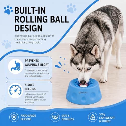 Slow Feeder Dog Bowl with Interactive Roll Ball, Anti-Slip Dog Lick Bowl for Liquid Treats, Bone Broth & Yogurt, Anxiety Relief Boredom Puzzle Feeder for Small Large Dogs