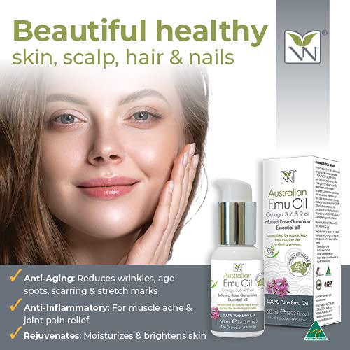 Y Not Natural Pure Emu Oil - Organic Moisture for Face, Body, Hair, Scalp & Nails - Rich in Omega 3-6-9, Vitamins & Essential Minerals - Australian Emu Oil (60ml) 2.03 fl oz - Rose Geranium