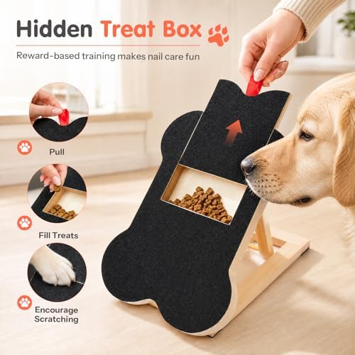 Dog Nail Scratch Board Scratcher Treat Dispenser Non-Slip Wood Sandpaper | Dog Nail Scratch Pad for Large Medium Small Dogs, Nail File Board Alternative to Clippers Grinders, Includes Extra Sandpaper
